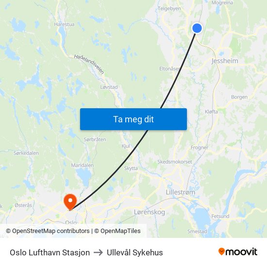 Oslo Lufthavn Stasjon to Ullevål Sykehus map