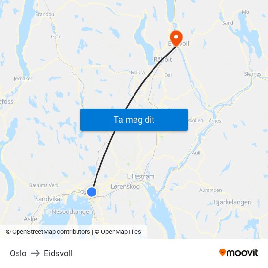 Oslo to Eidsvoll map