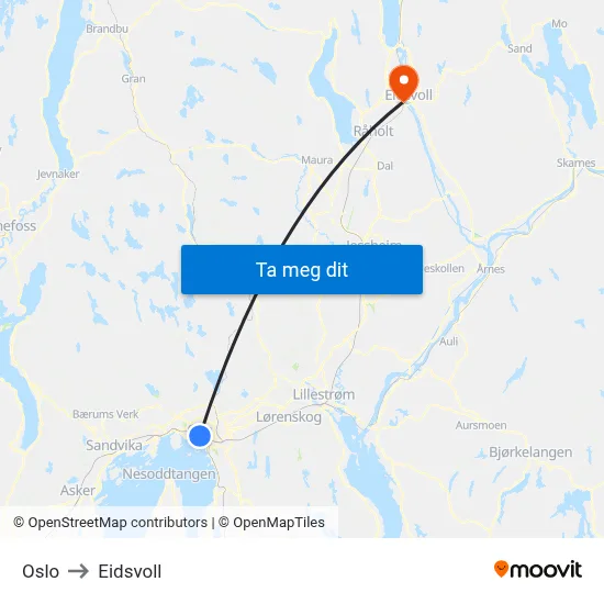 Oslo to Eidsvoll map