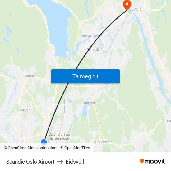 Scandic Oslo Airport to Eidsvoll map