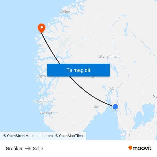 Greåker to Selje map