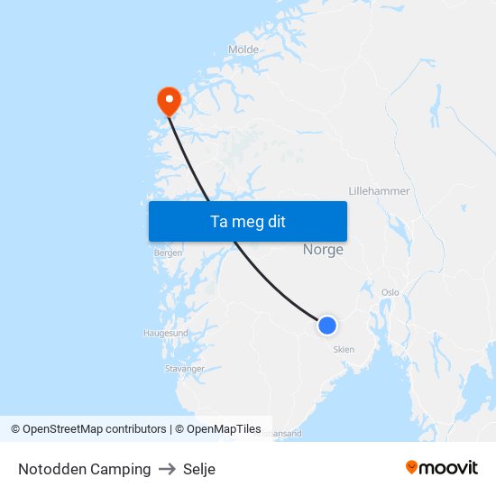 Notodden Camping to Selje map