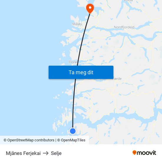 Mjånes Ferjekai to Selje map