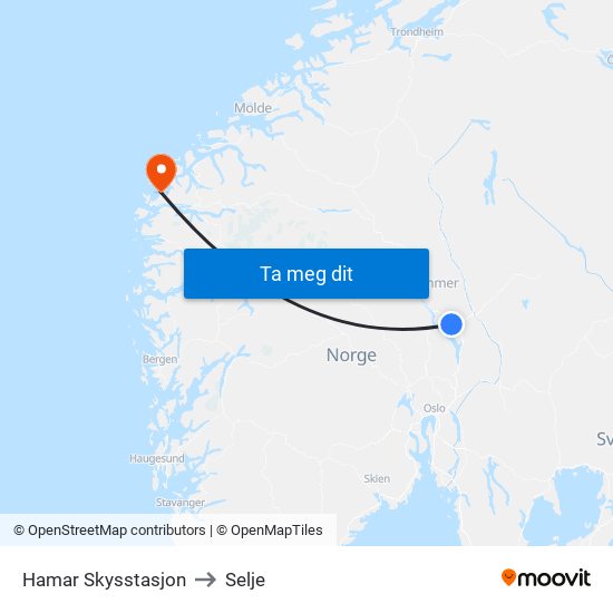 Hamar Skysstasjon to Selje map