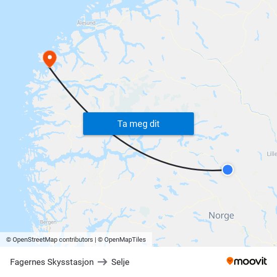 Fagernes Skysstasjon to Selje map