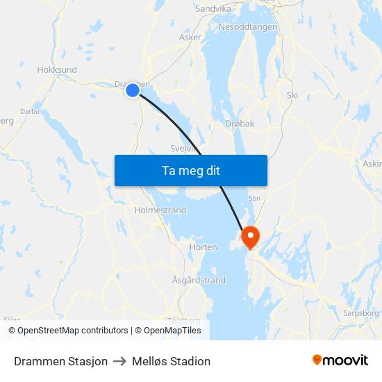 Drammen Stasjon to Melløs Stadion map