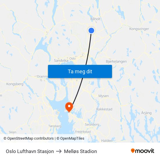 Oslo Lufthavn Stasjon to Melløs Stadion map