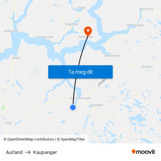 Aurland to Kaupanger map