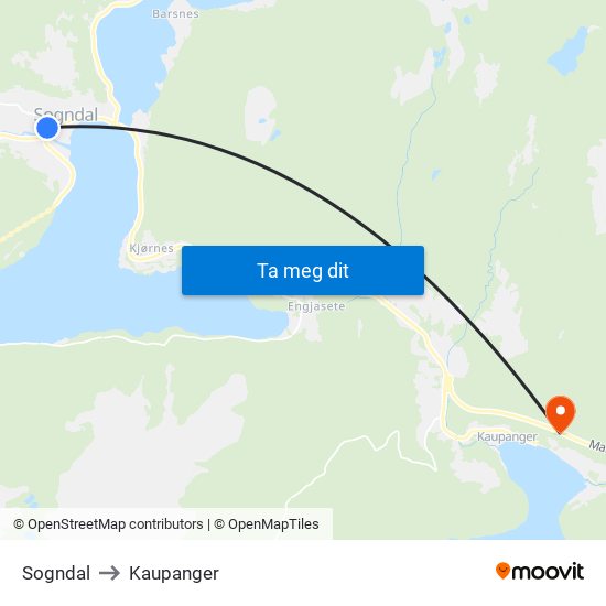 Sogndal to Kaupanger map