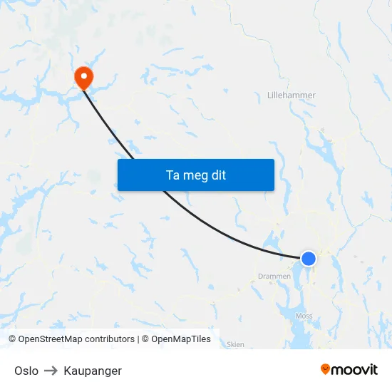 Oslo to Kaupanger map