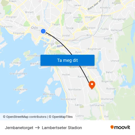 Jernbanetorget to Lambertseter Stadion map