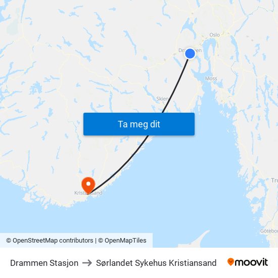 Drammen Stasjon to Sørlandet Sykehus Kristiansand map