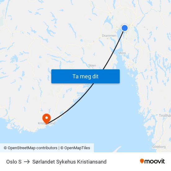 Oslo S to Sørlandet Sykehus Kristiansand map