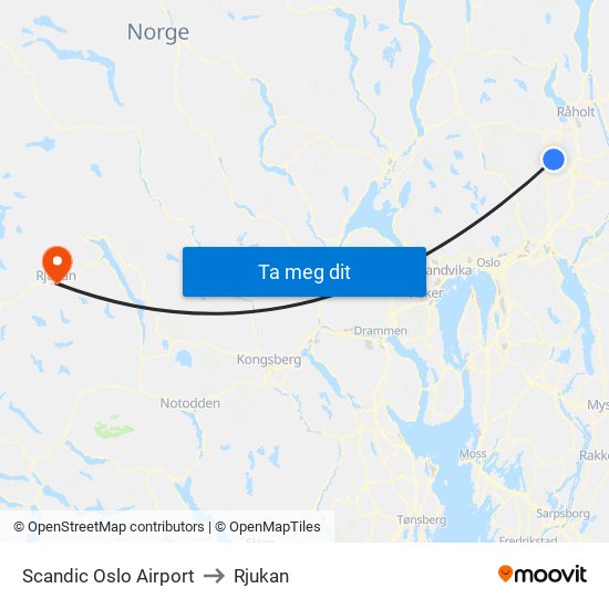 Scandic Oslo Airport to Rjukan map