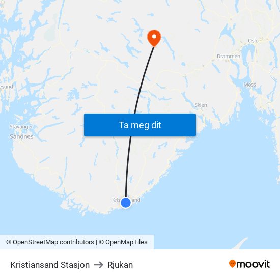 Kristiansand Stasjon to Rjukan map