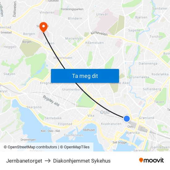 Jernbanetorget to Diakonhjemmet Sykehus map