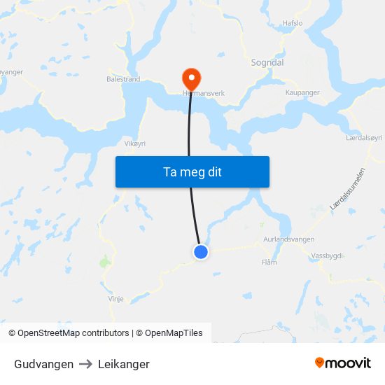 Gudvangen to Leikanger map