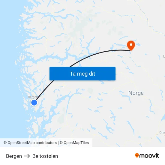 Bergen to Beitostølen map