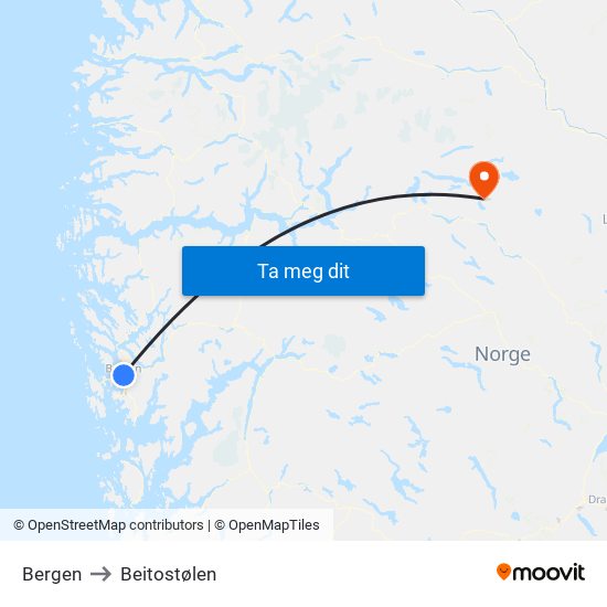 Bergen to Beitostølen map