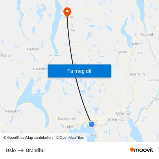 Oslo to Brandbu map