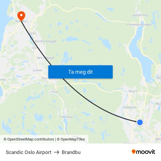 Scandic Oslo Airport to Brandbu map