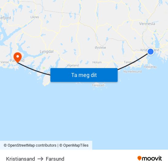 Kristiansand to Farsund map