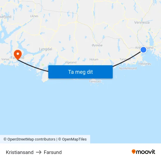 Kristiansand to Farsund map