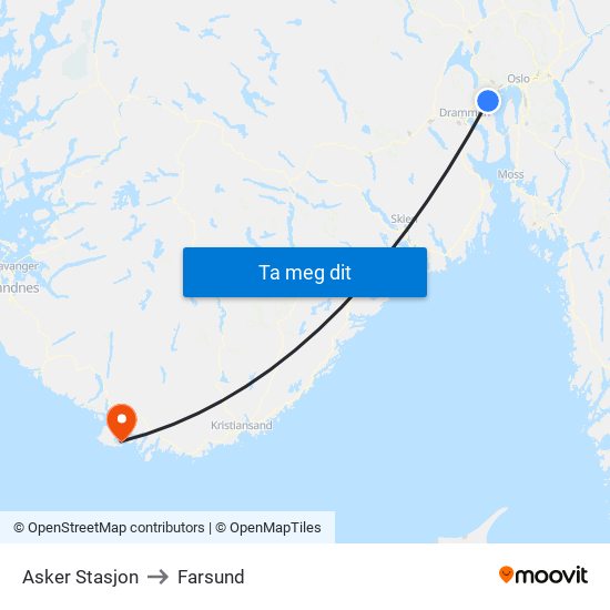 Asker Stasjon to Farsund map