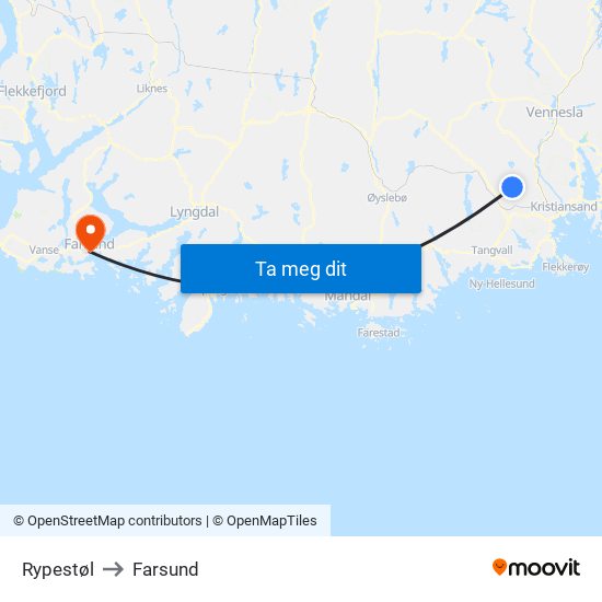 Rypestøl to Farsund map