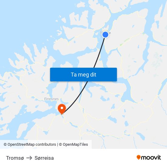 Tromsø to Sørreisa map