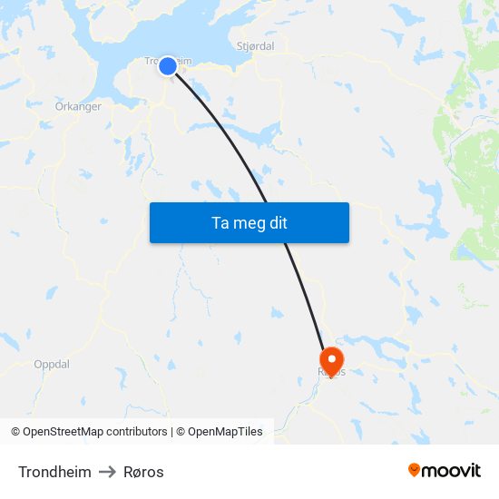 Trondheim to Røros map