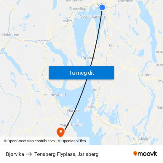 Bjørvika to Tønsberg Flyplass, Jarlsberg map