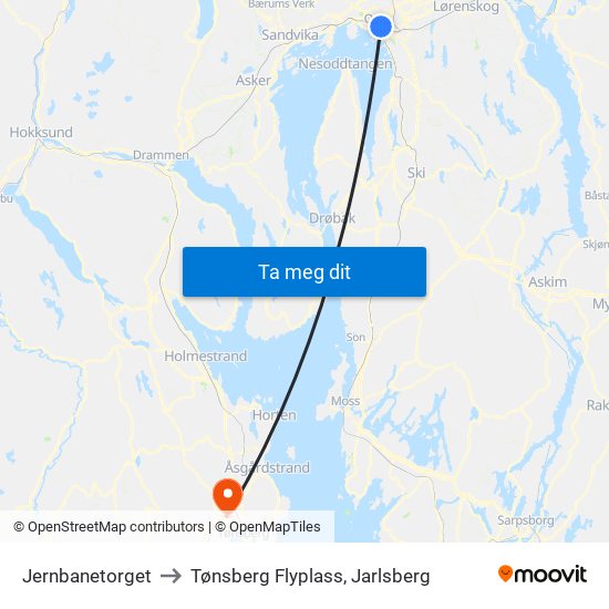 Jernbanetorget to Tønsberg Flyplass, Jarlsberg map