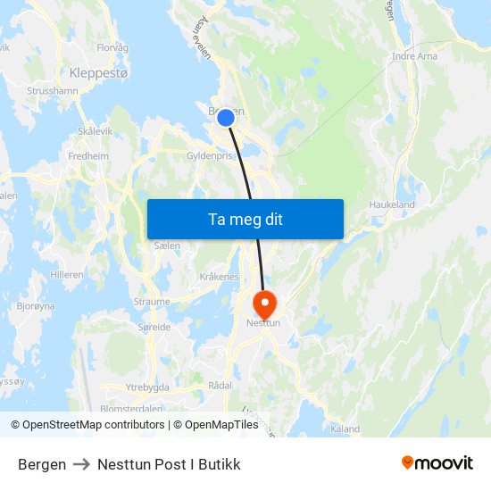 Bergen to Nesttun Post I Butikk map