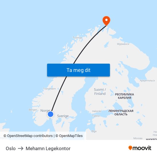 Oslo to Mehamn Legekontor map