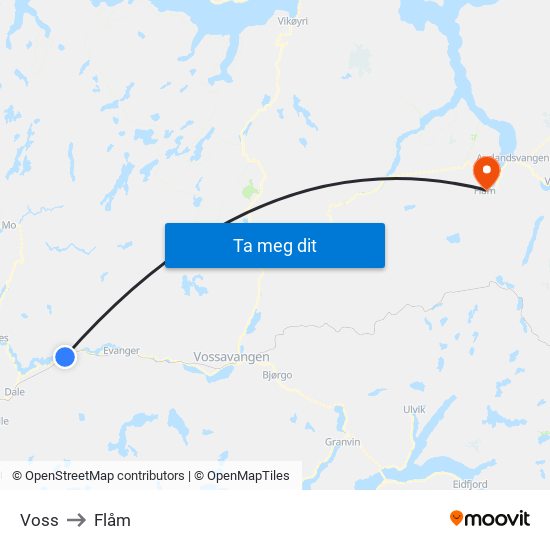 Voss to Flåm map