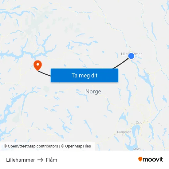 Lillehammer to Flåm map