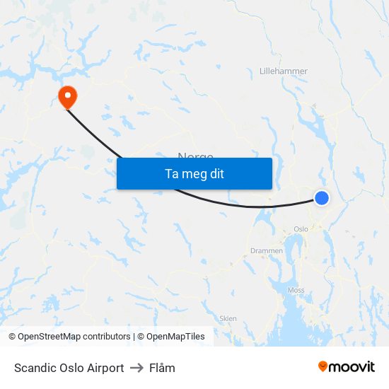 Scandic Oslo Airport to Flåm map
