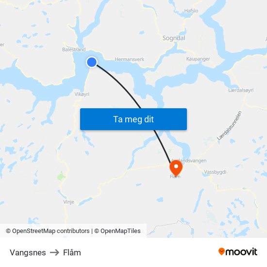 Vangsnes to Flåm map