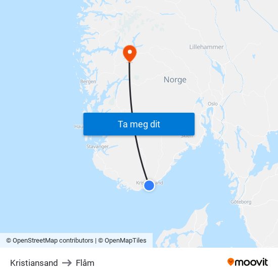 Kristiansand to Flåm map