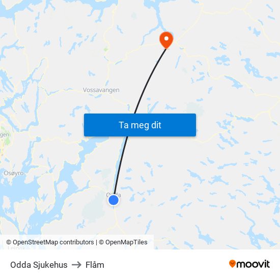 Odda Sjukehus to Flåm map