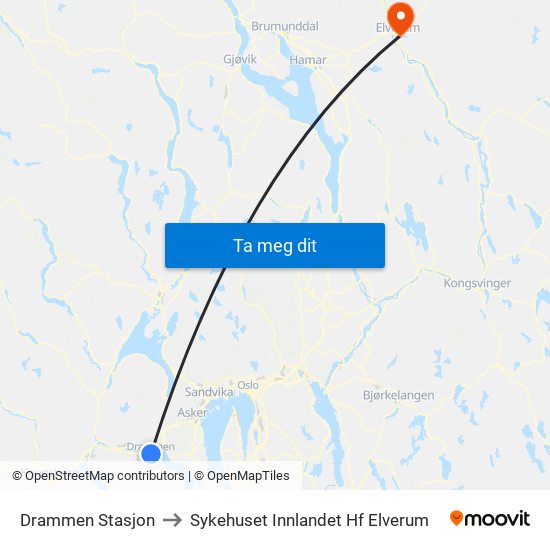 Drammen Stasjon to Sykehuset Innlandet Hf Elverum map