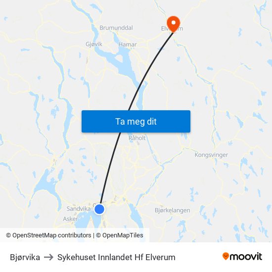 Bjørvika to Sykehuset Innlandet Hf Elverum map