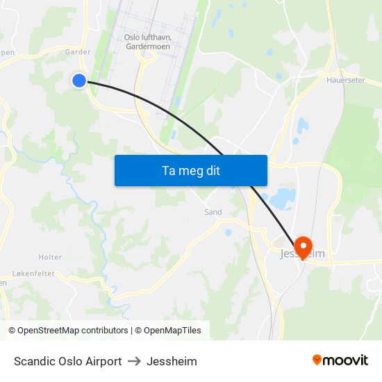 Scandic Oslo Airport to Jessheim map