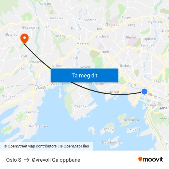 Oslo S to Øvrevoll Galoppbane map