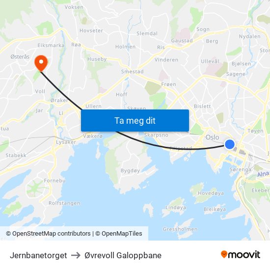 Jernbanetorget to Øvrevoll Galoppbane map
