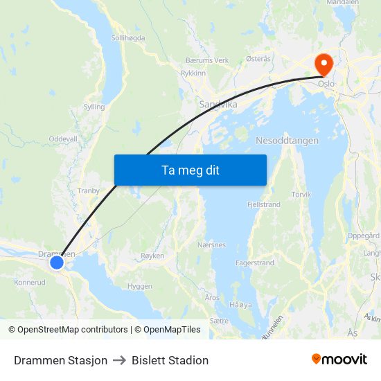 Drammen Stasjon to Bislett Stadion map