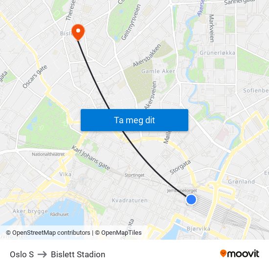 Oslo S to Bislett Stadion map