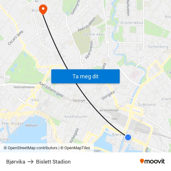 Bjørvika to Bislett Stadion map