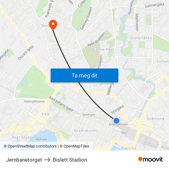 Jernbanetorget to Bislett Stadion map